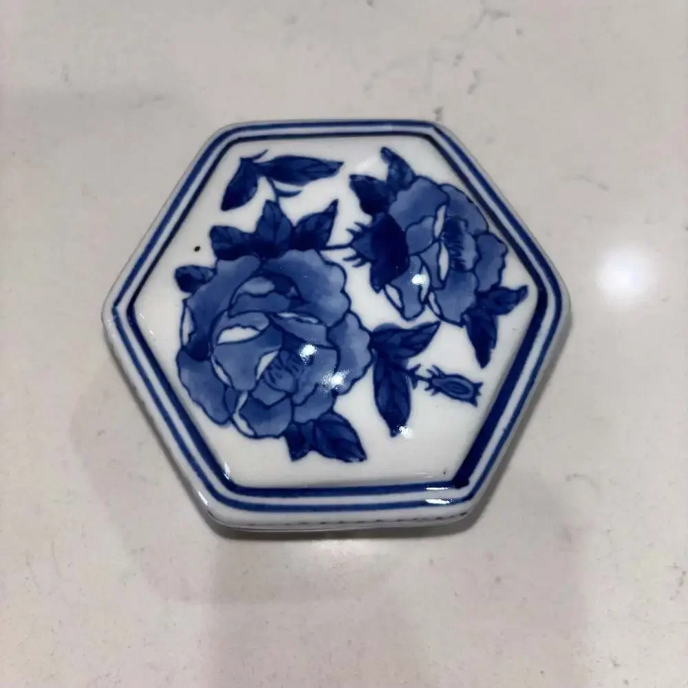 Vintage Blue and White Porcelain Hexagonal Chinoiserie Floral Trinket Box